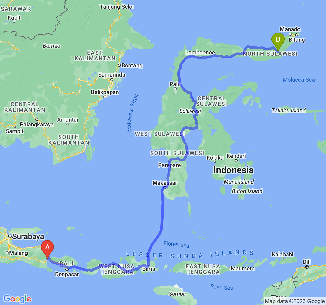 perjalanan dengan rute Kab. Banyuwangi-Kota Kotamobagu