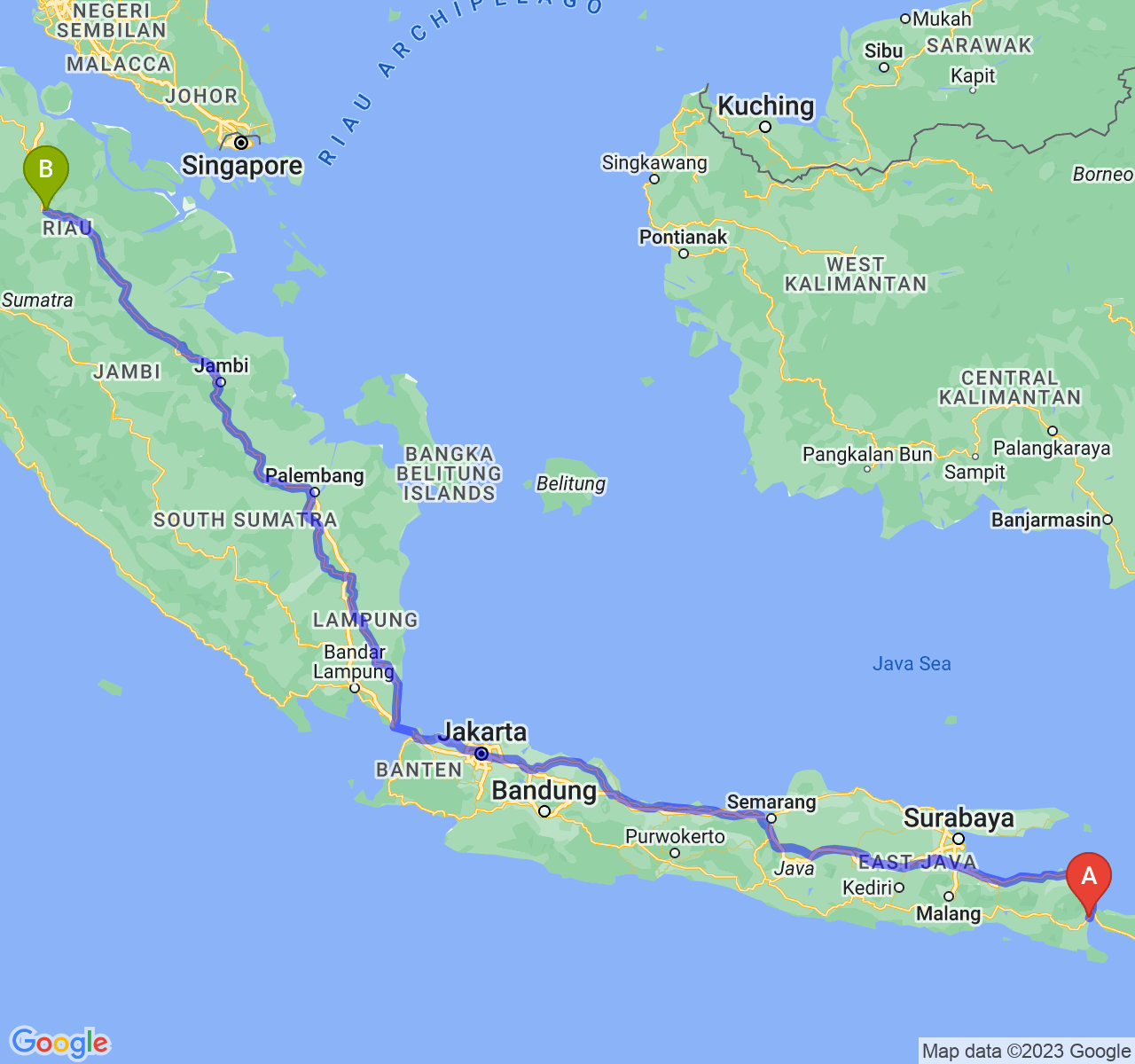 perjalanan dengan rute Kab. Banyuwangi-Kota Pekanbaru