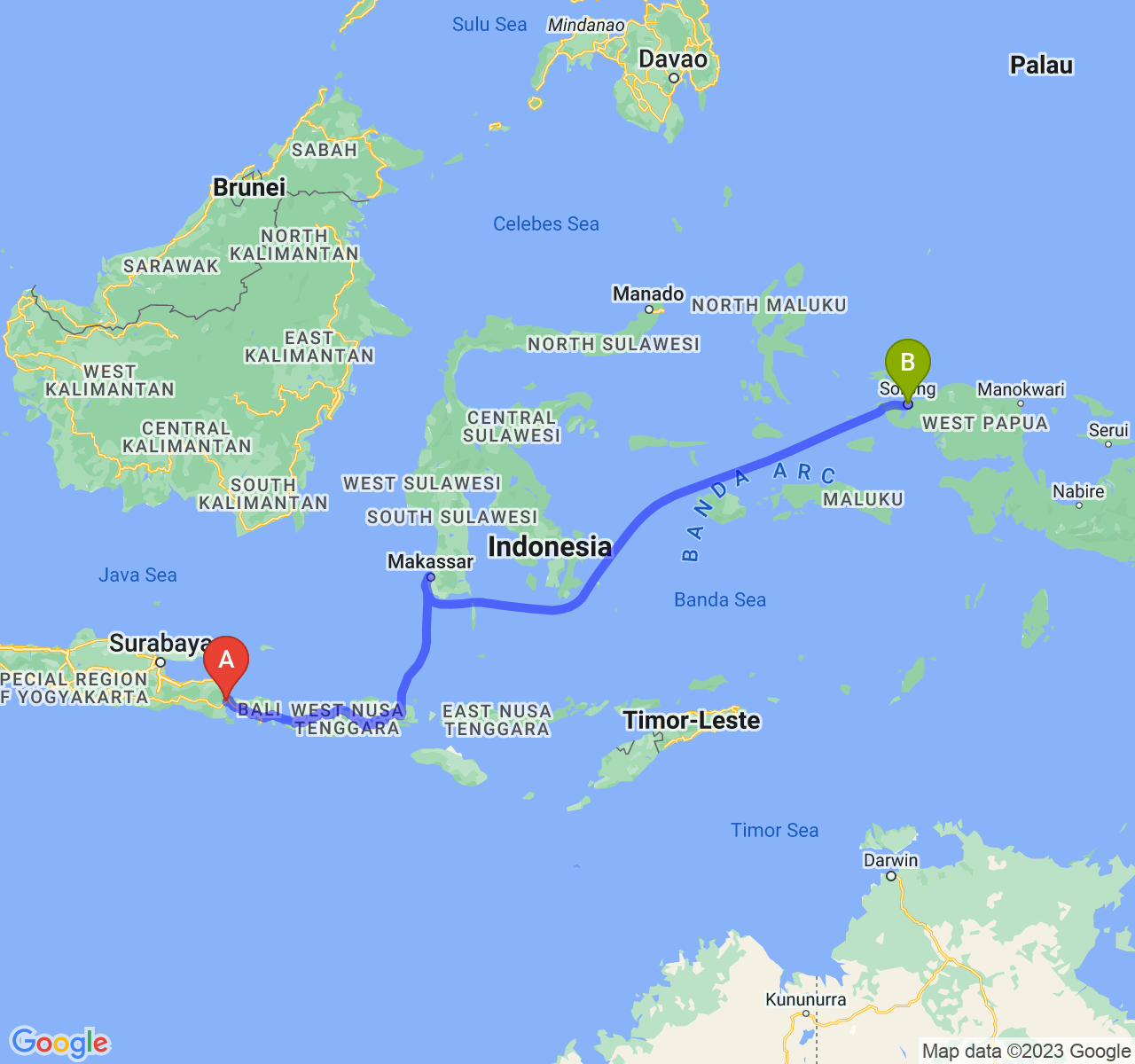 perjalanan dengan rute Kab. Banyuwangi-Kota Sorong