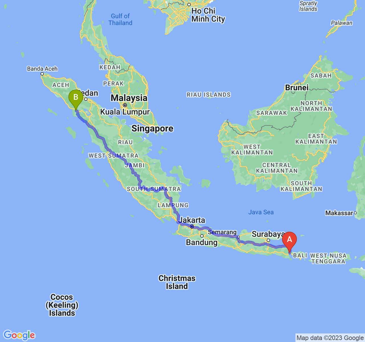 perjalanan dengan rute Kab. Banyuwangi-Kota Subulussalam