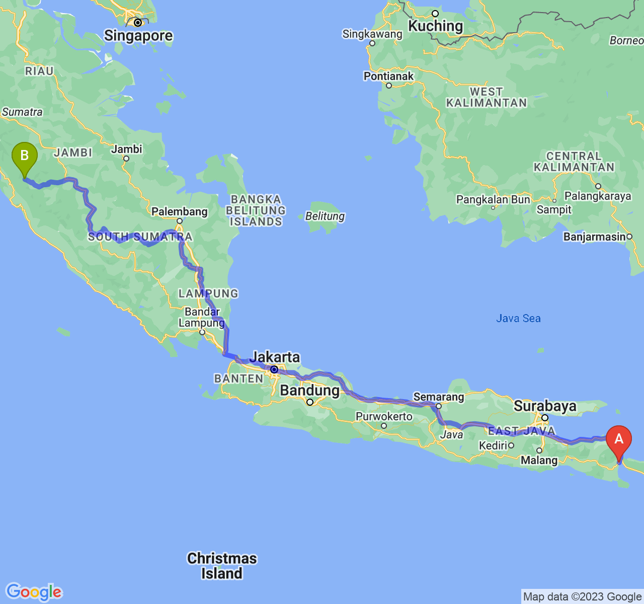 perjalanan dengan rute Kab. Banyuwangi-Kota Sungai Penuh