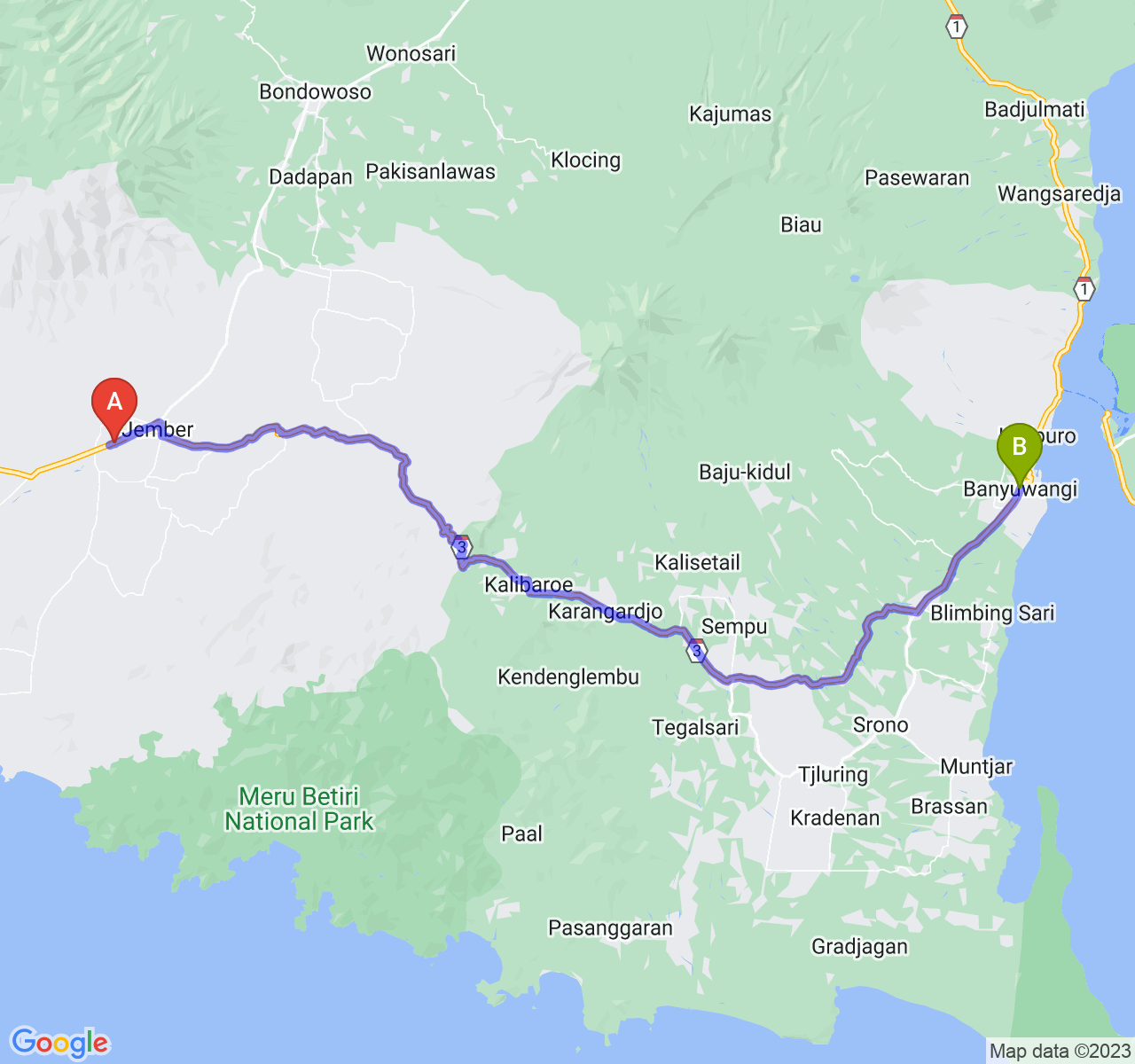 perjalanan dengan rute Kab. Jember-Kab. Banyuwangi