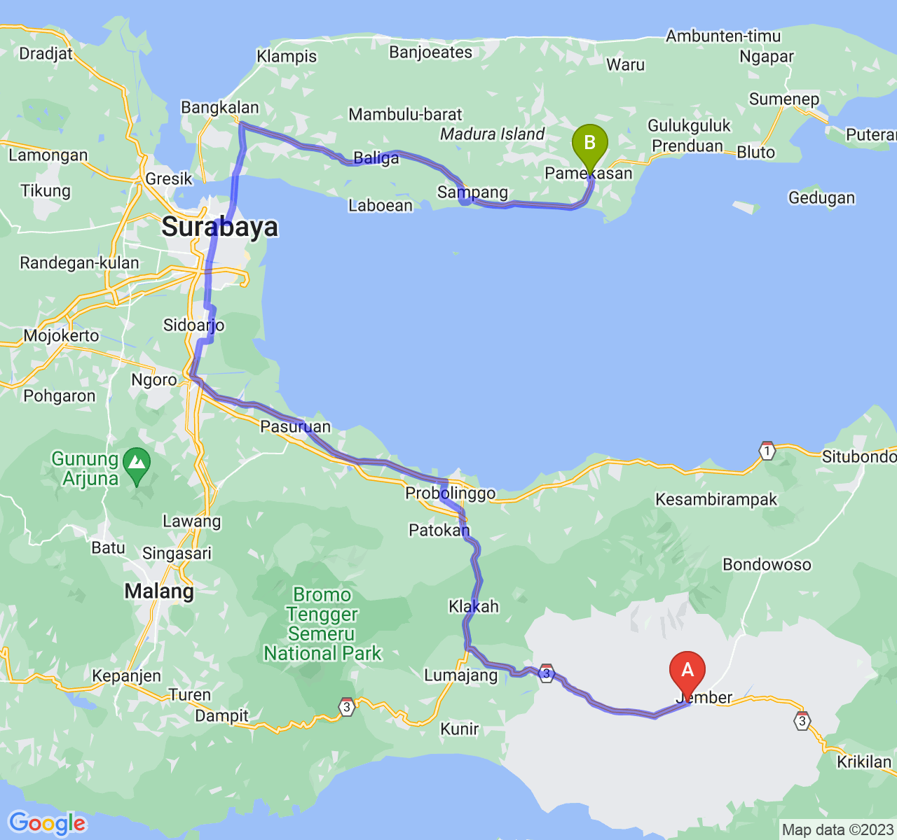 perjalanan dengan rute Kab. Jember-Kab. Pamekasan