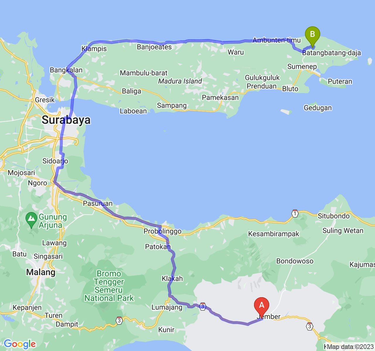 perjalanan dengan rute Kab. Jember-Kab. Sumenep