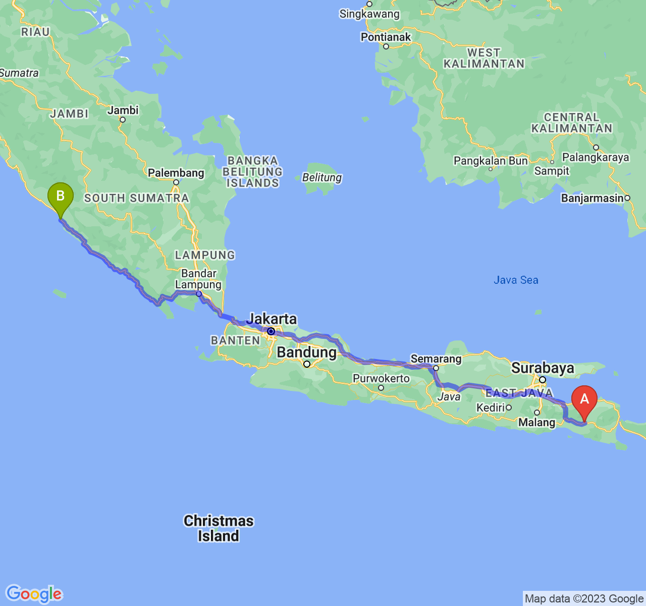 perjalanan dengan rute Kab. Jember-Kota Bengkulu