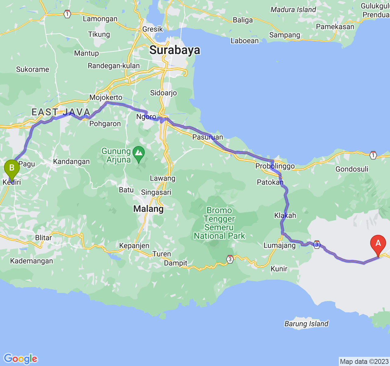 perjalanan dengan rute Kab. Jember-Kota Kediri