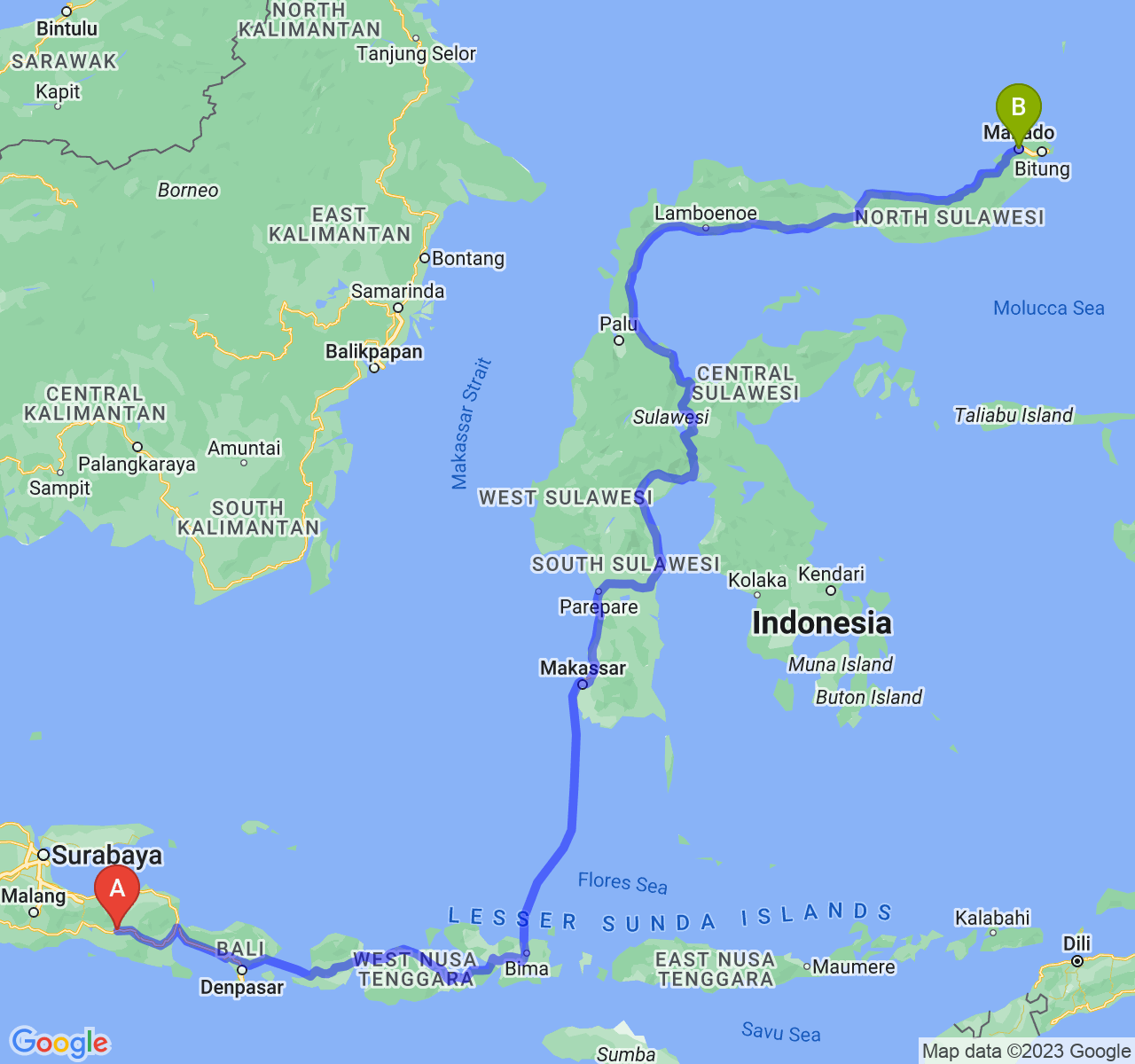 perjalanan dengan rute Kab. Jember-Kota Manado