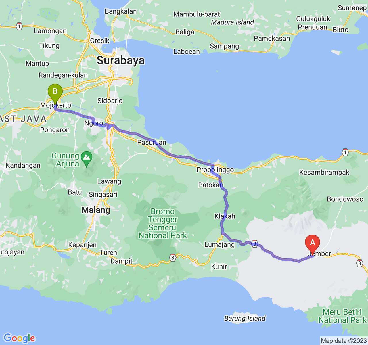 perjalanan dengan rute Kab. Jember-Kota Mojokerto