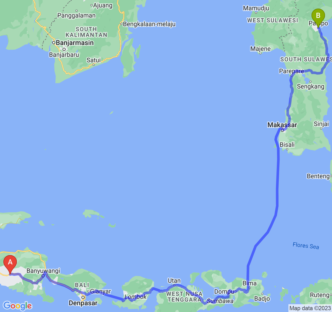 perjalanan dengan rute Kab. Jember-Kota Palopo