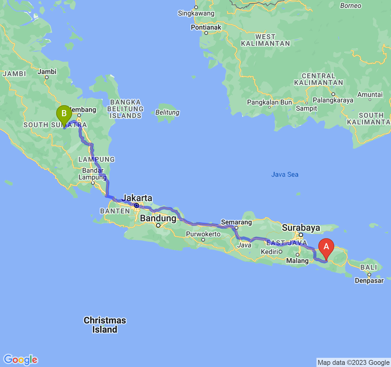 perjalanan dengan rute Kab. Jember-Kota Prabumulih