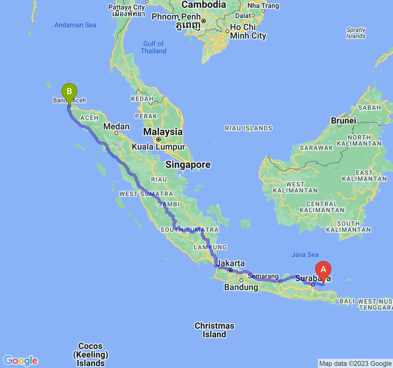 perjalanan dengan rute Kab. Pamekasan-Kota Banda Aceh