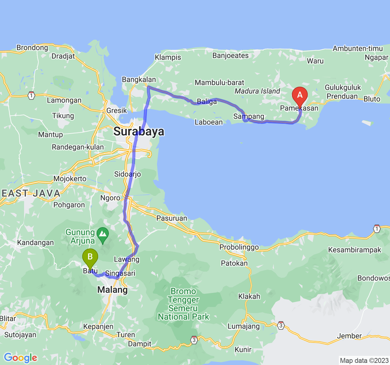 perjalanan dengan rute Kab. Pamekasan-Kota Batu