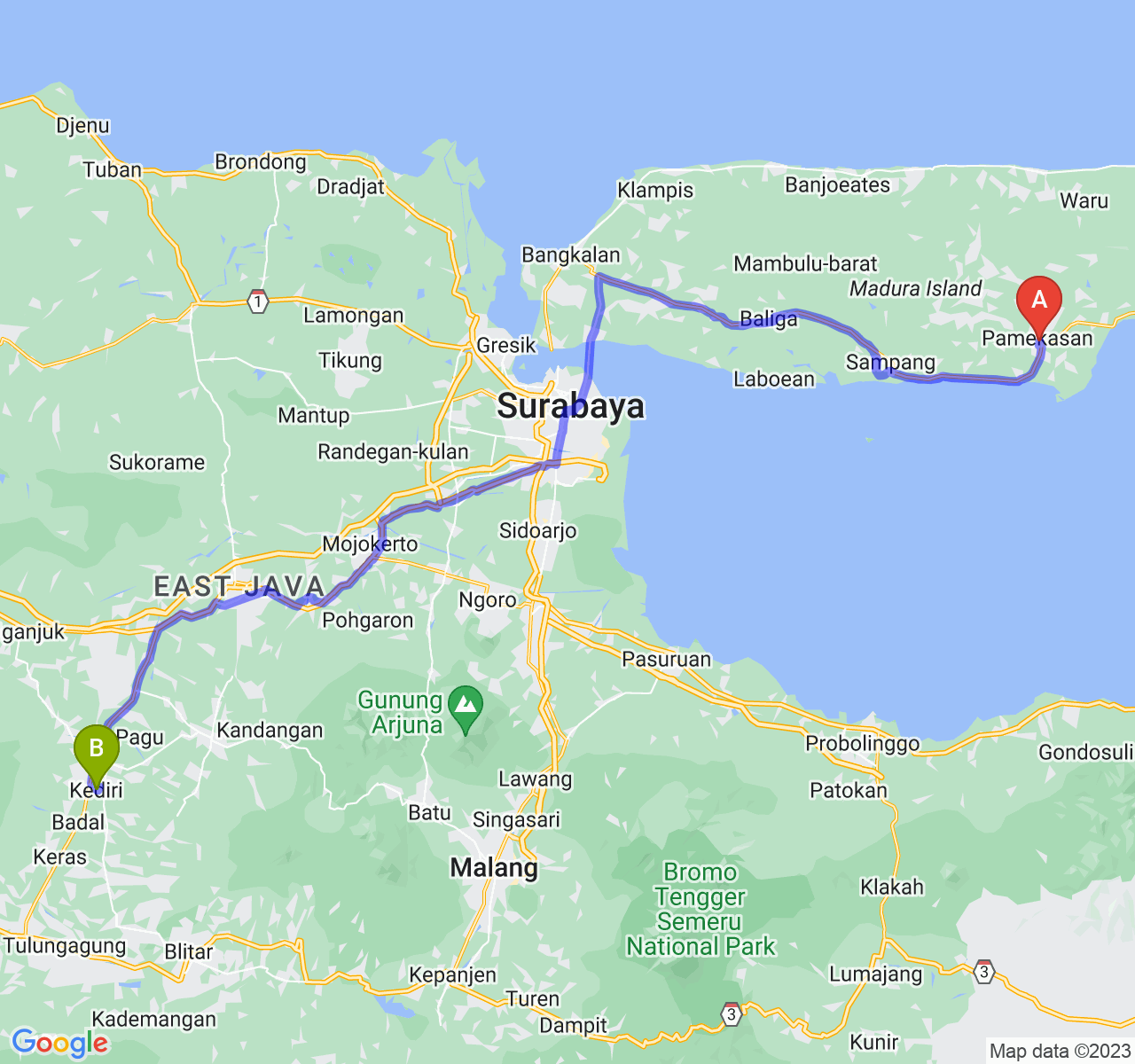 perjalanan dengan rute Kab. Pamekasan-Kota Kediri