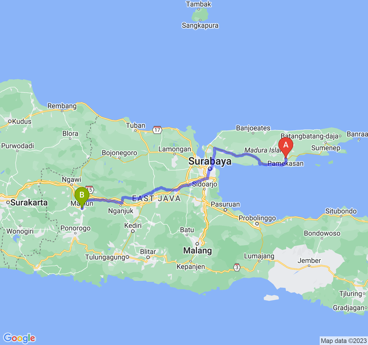 perjalanan dengan rute Kab. Pamekasan-Kota Madiun