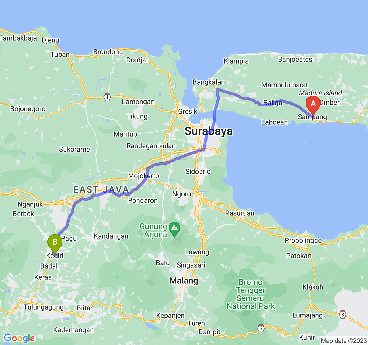 perjalanan dengan rute Kab. Sampang-Kota Kediri