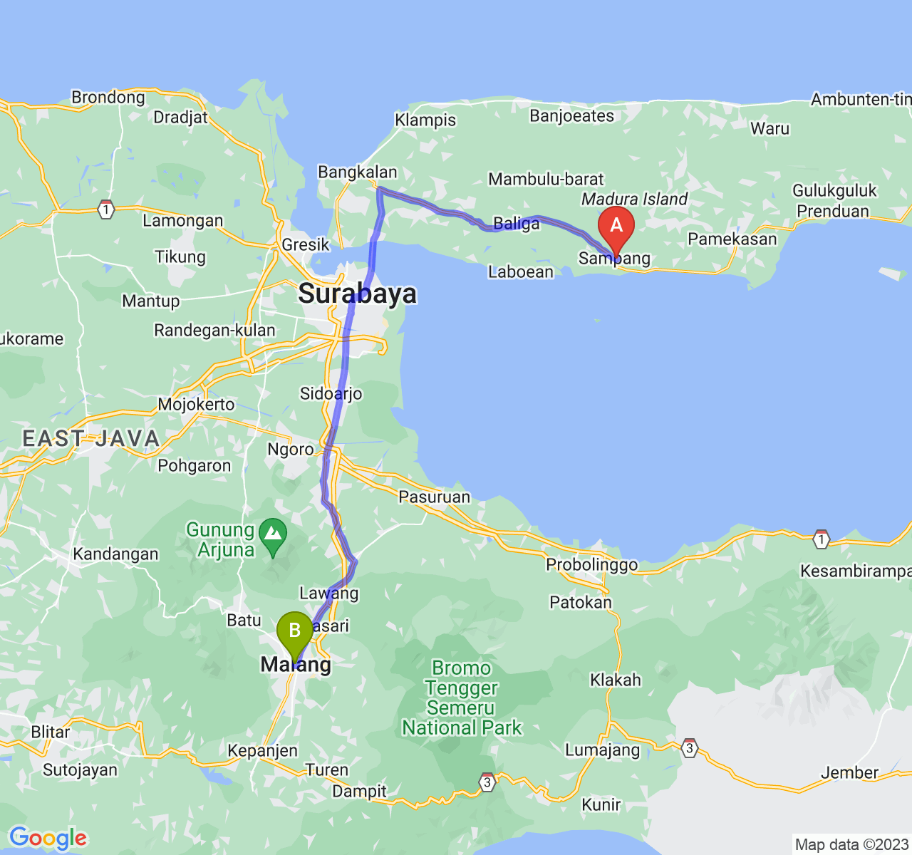 perjalanan dengan rute Kab. Sampang-Kota Malang