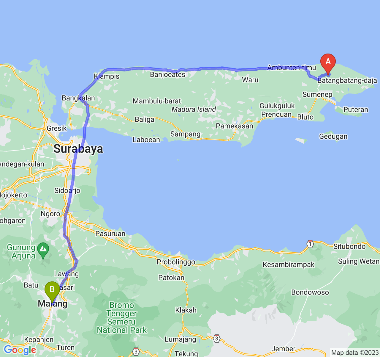 perjalanan dengan rute Kab. Sumenep-Kota Malang