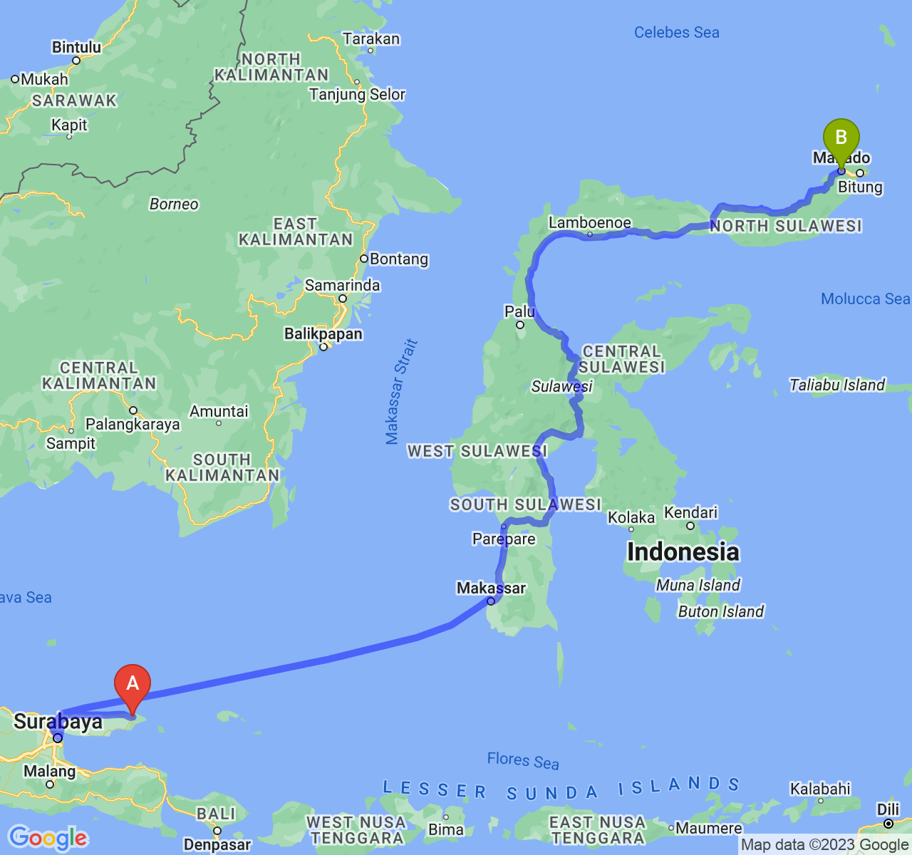 perjalanan dengan rute Kab. Sumenep-Kota Manado