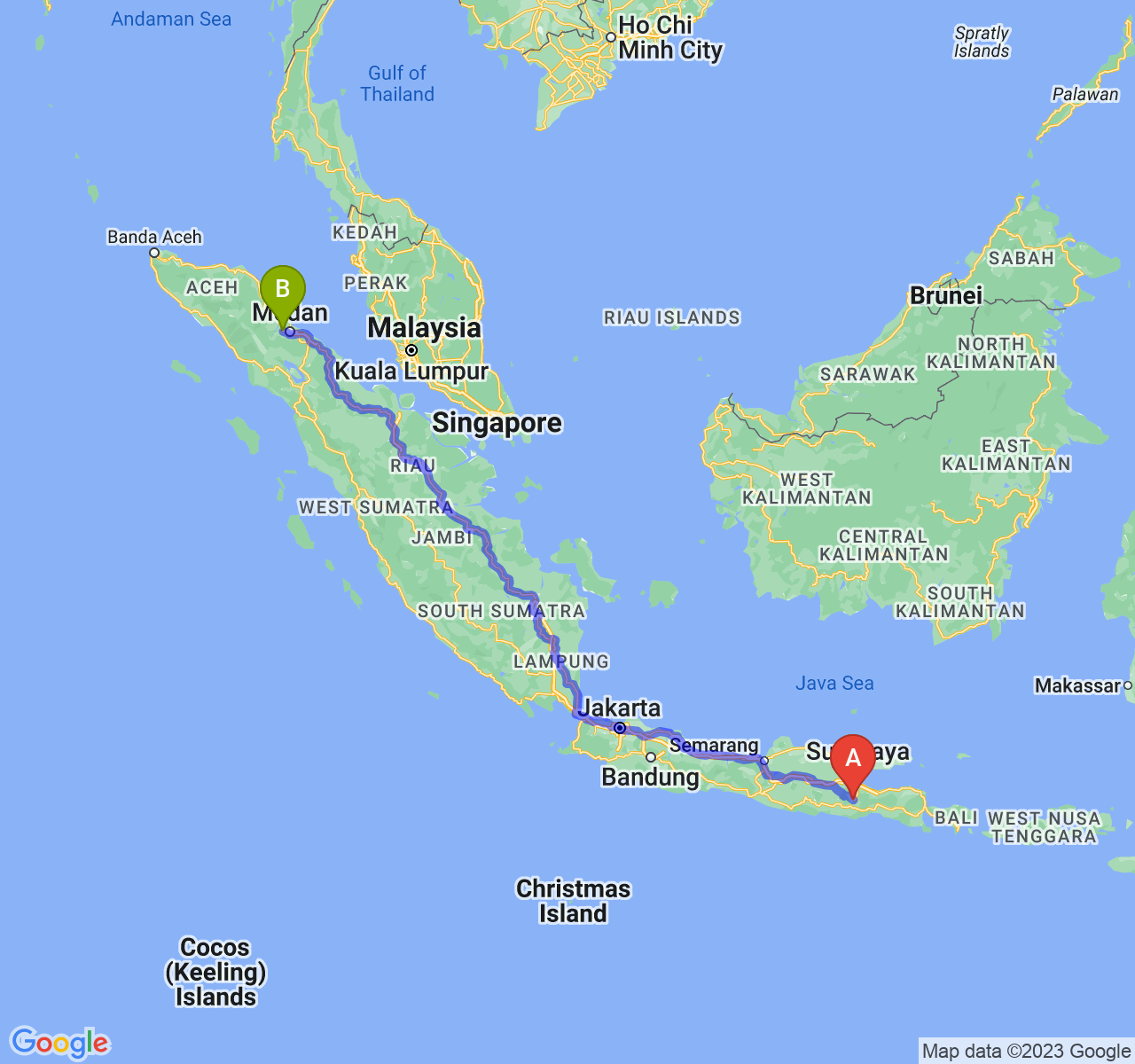 perjalanan dengan rute Kota Malang-Kota Binjai