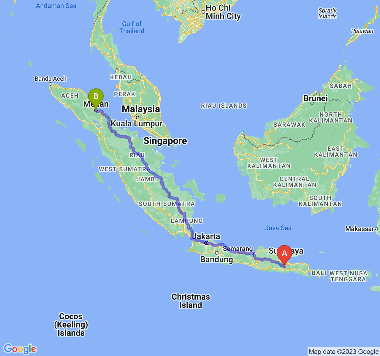 perjalanan dengan rute Kota Malang-Kota Medan