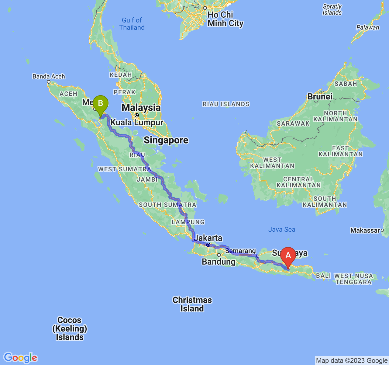 perjalanan dengan rute Kota Malang-Kota Pematangsiantar