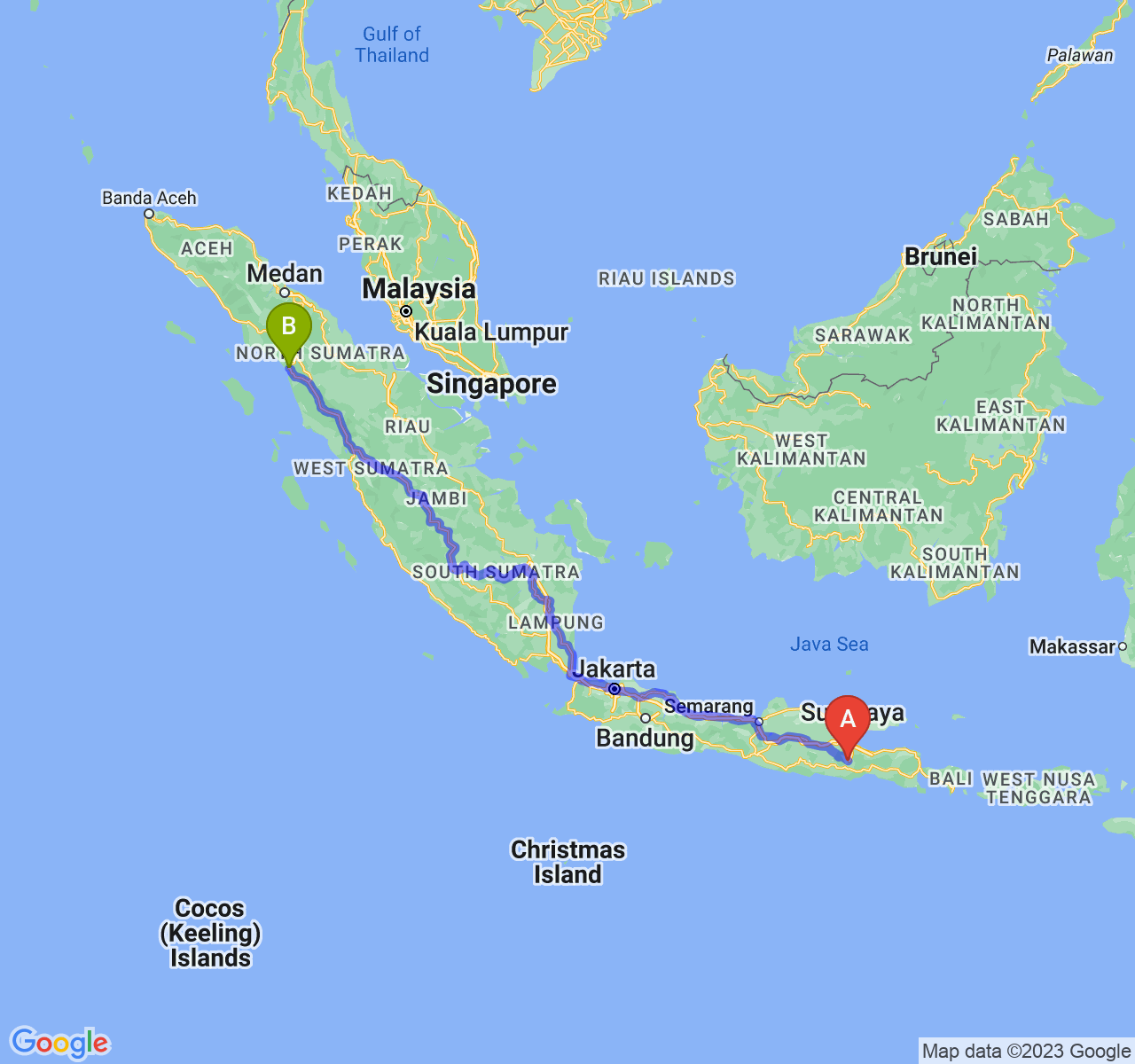 perjalanan dengan rute Kota Malang-Kota Sibolga