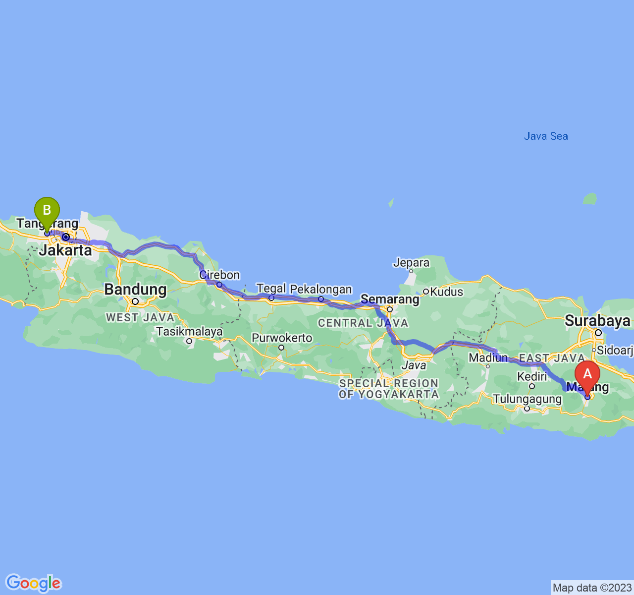 perjalanan dengan rute Kota Malang-Kota Tangerang