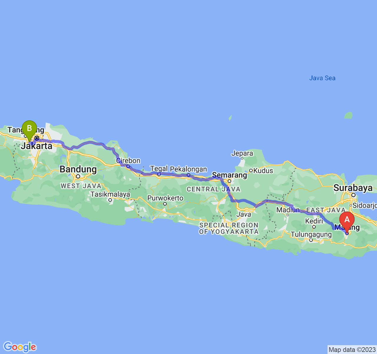 perjalanan dengan rute Kota Malang-Kota Tangerang Selatan