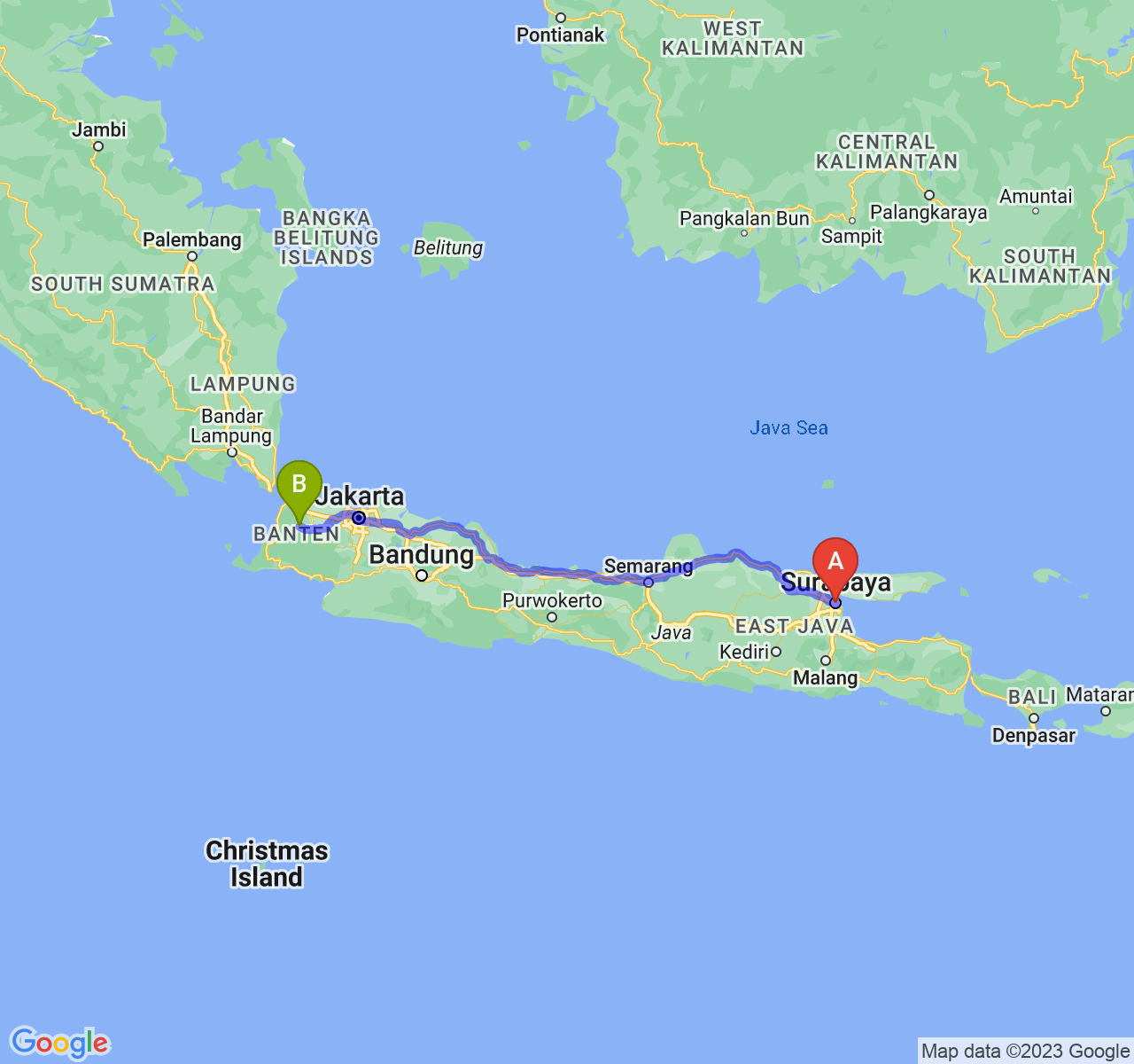 perjalanan dengan rute Kota Surabaya-Kab. Pandeglang