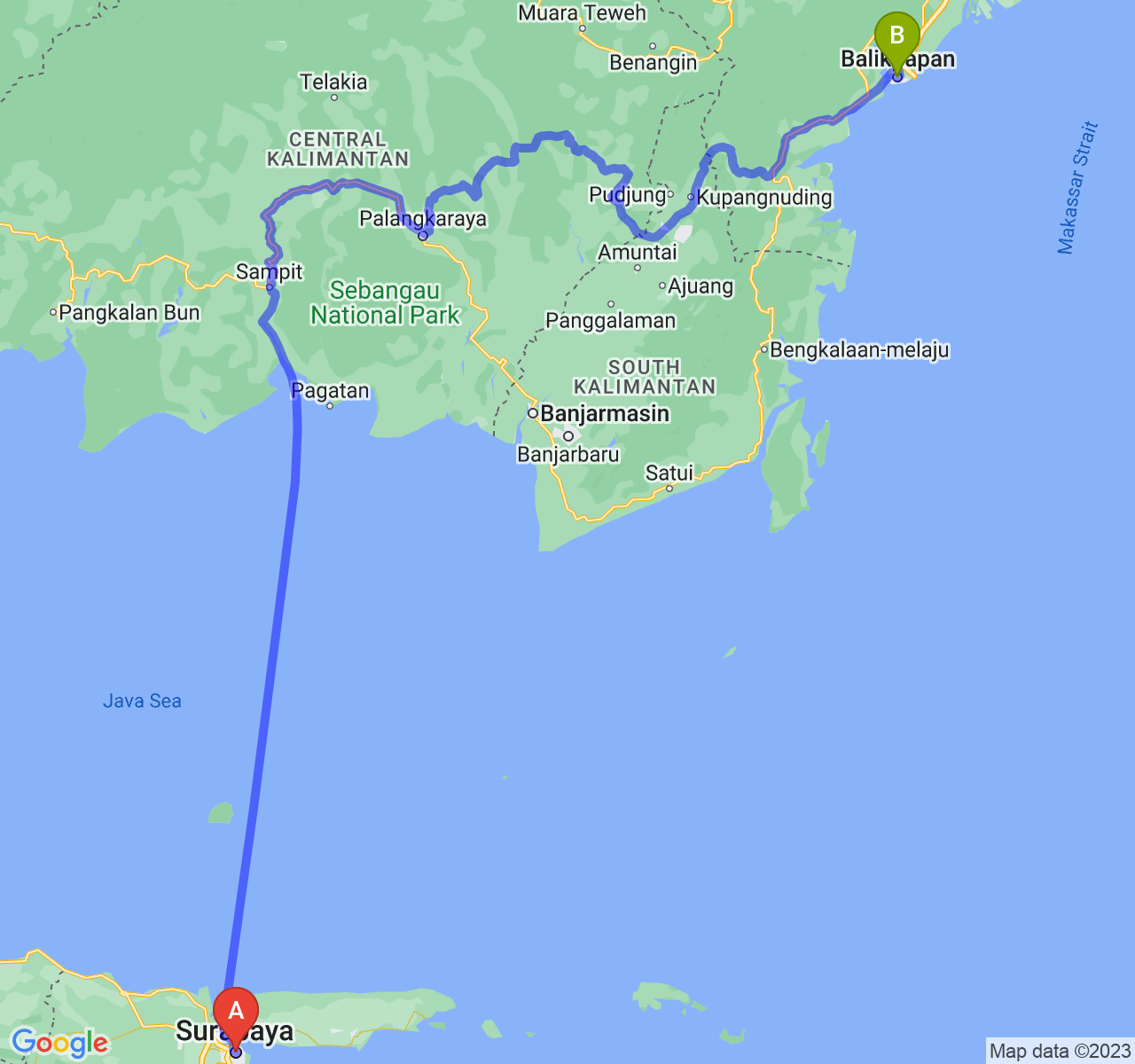 perjalanan dengan rute Kota Surabaya-Kota Balikpapan