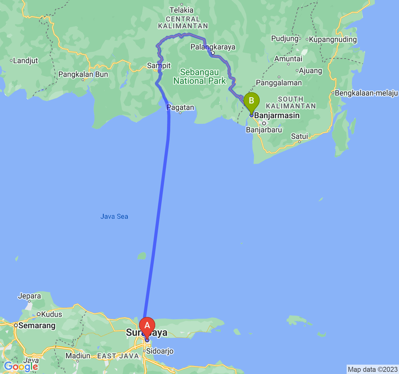 perjalanan dengan rute Kota Surabaya-Kota Banjarmasin