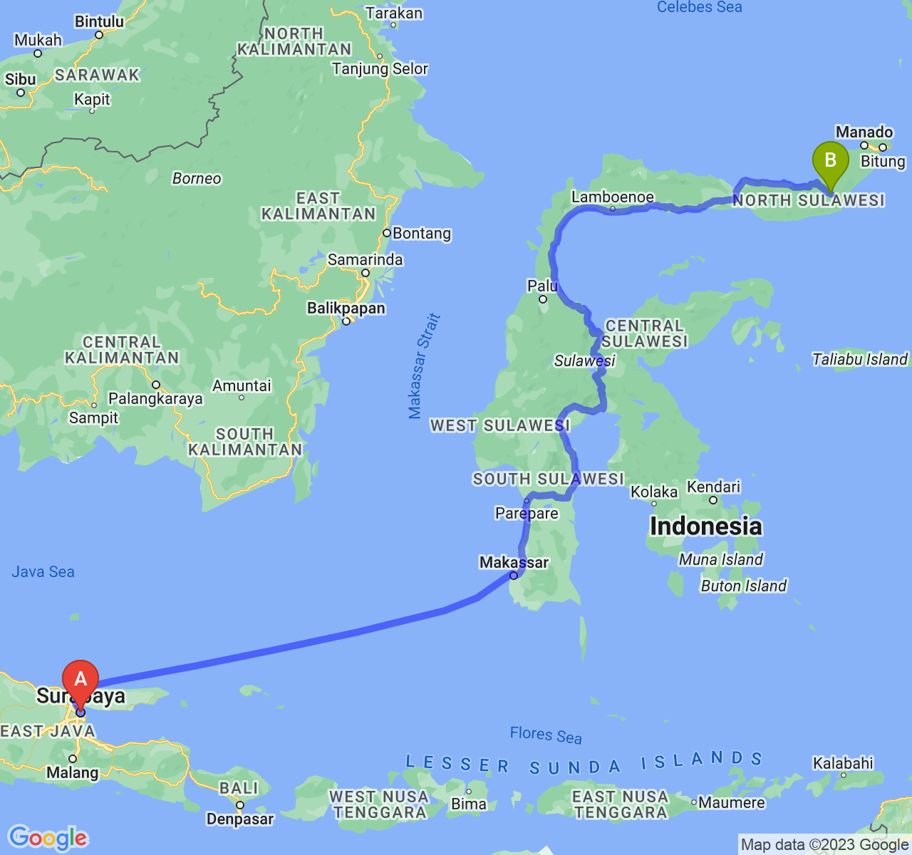 perjalanan dengan rute Kota Surabaya-Kota Kotamobagu