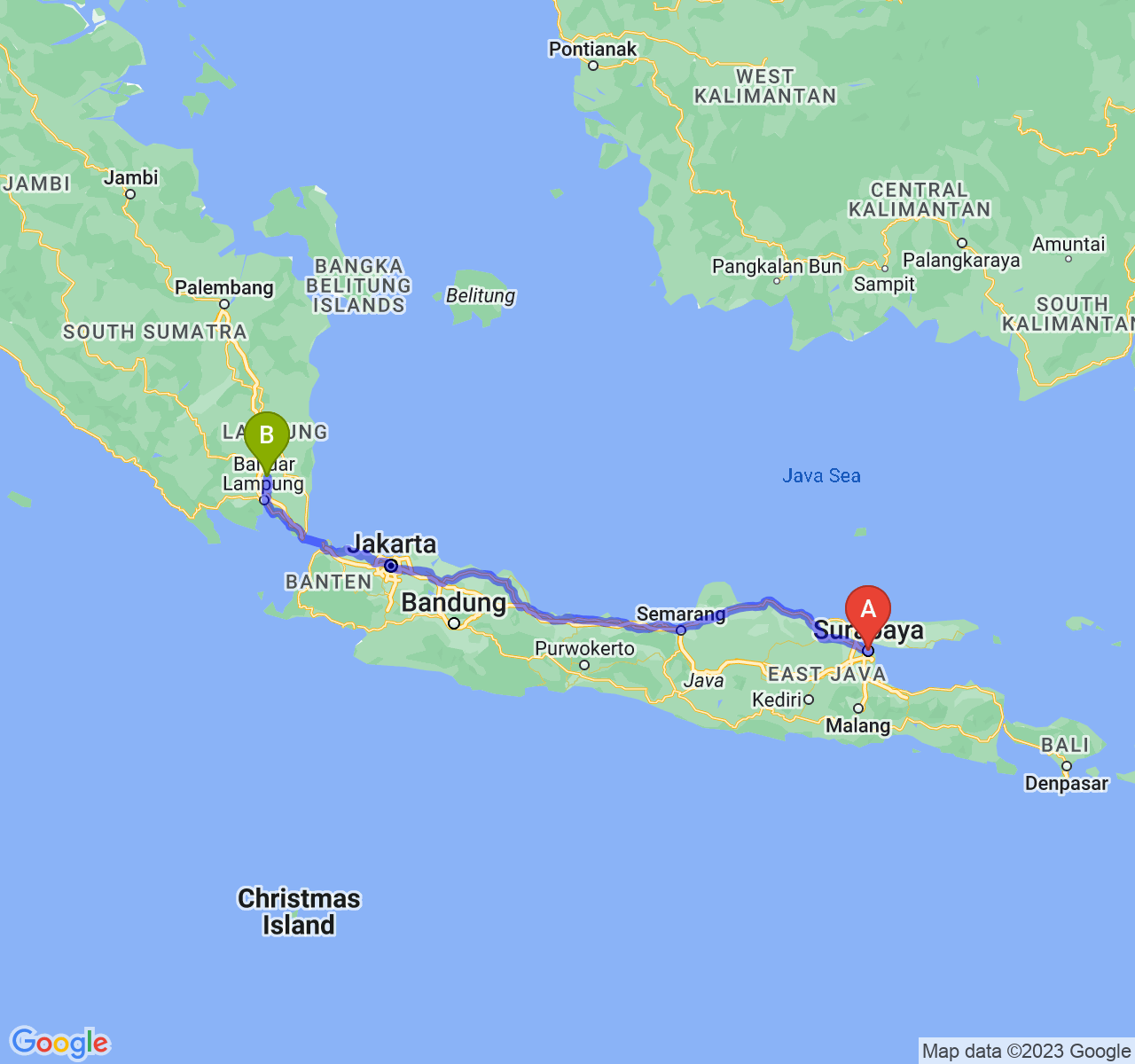 perjalanan dengan rute Kota Surabaya-Kota Metro