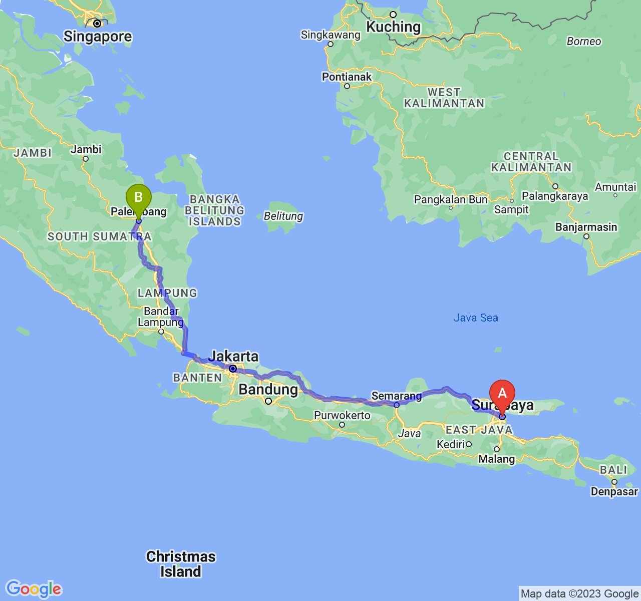 perjalanan dengan rute Kota Surabaya-Kota Palembang