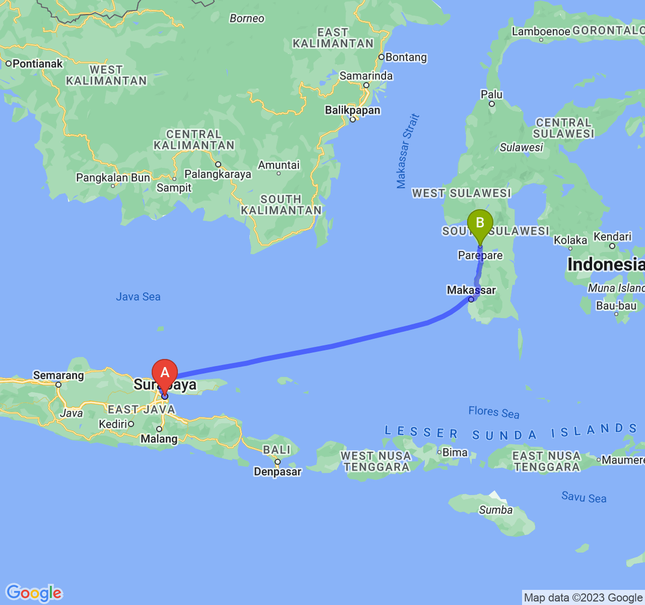 perjalanan dengan rute Kota Surabaya-Kota Parepare