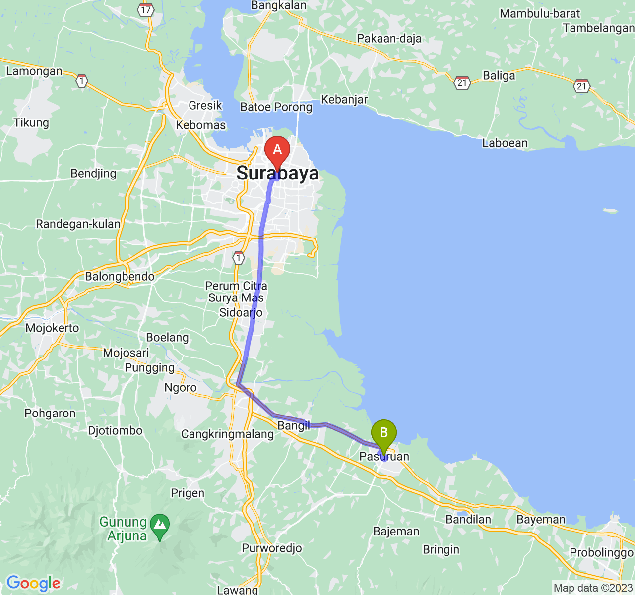 perjalanan dengan rute Kota Surabaya-Kota Pasuruan