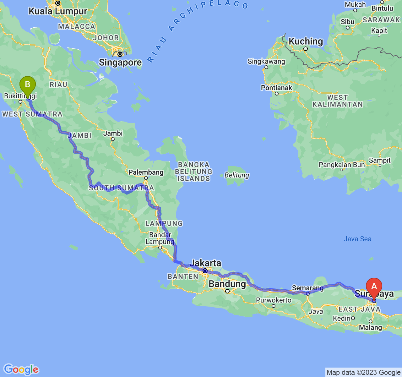 perjalanan dengan rute Kota Surabaya-Kota Payakumbuh