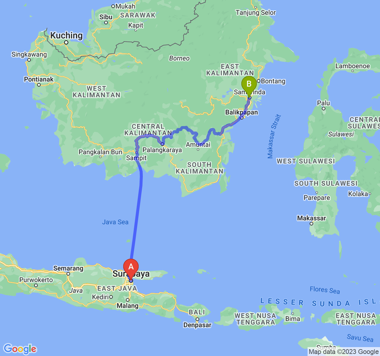 perjalanan dengan rute Kota Surabaya-Kota Samarinda