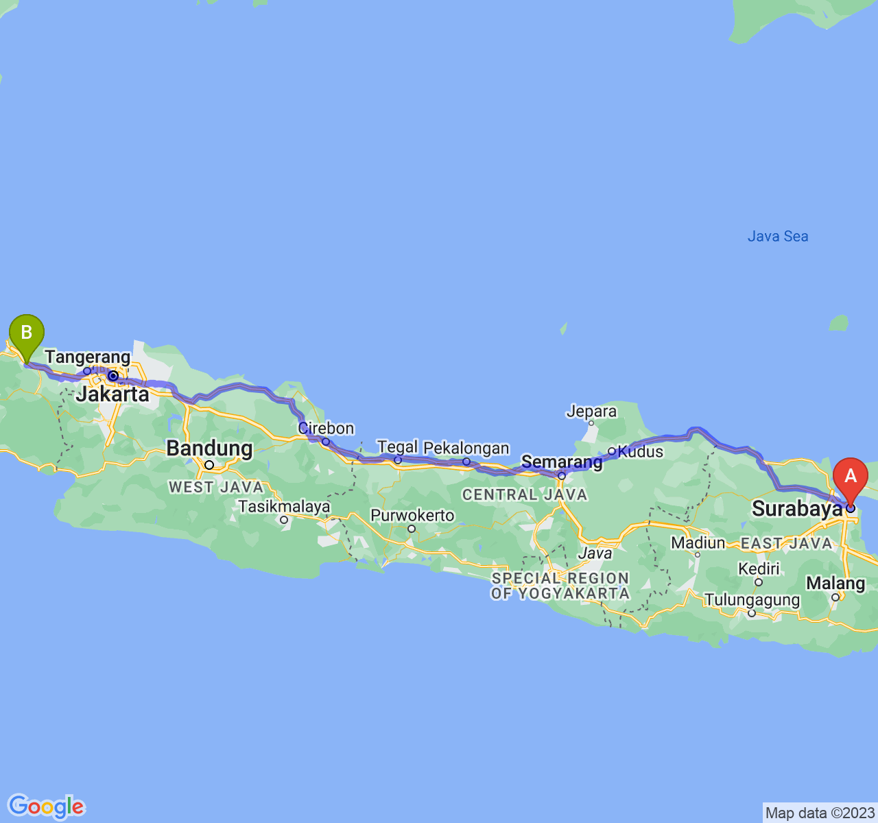 perjalanan dengan rute Kota Surabaya-Kota Serang