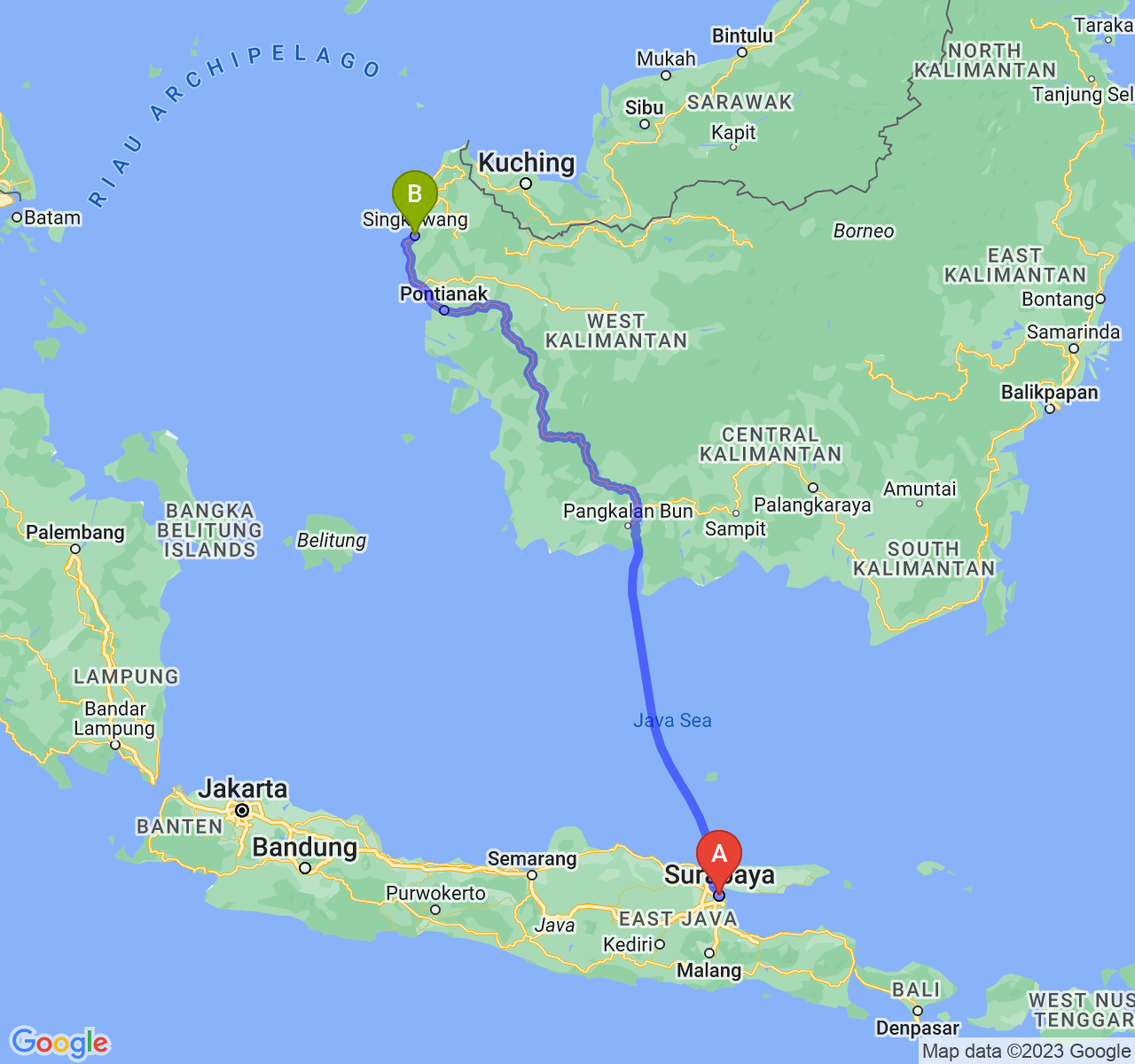 perjalanan dengan rute Kota Surabaya-Kota Singkawang