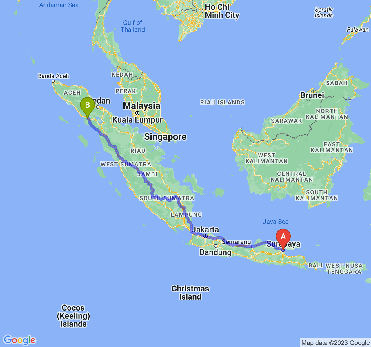 perjalanan dengan rute Kota Surabaya-Kota Subulussalam