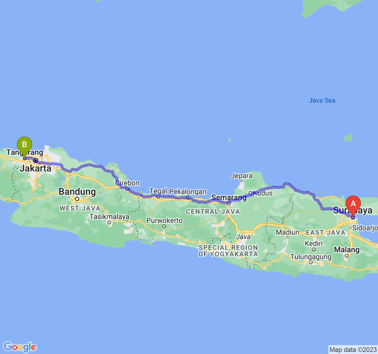 perjalanan dengan rute Kota Surabaya-Kota Tangerang