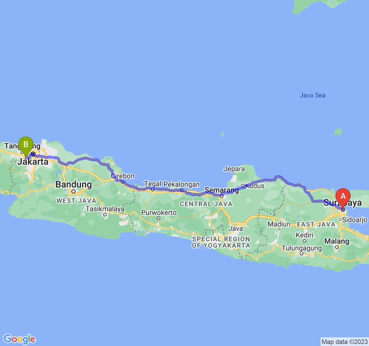 perjalanan dengan rute Kota Surabaya-Kota Tangerang Selatan