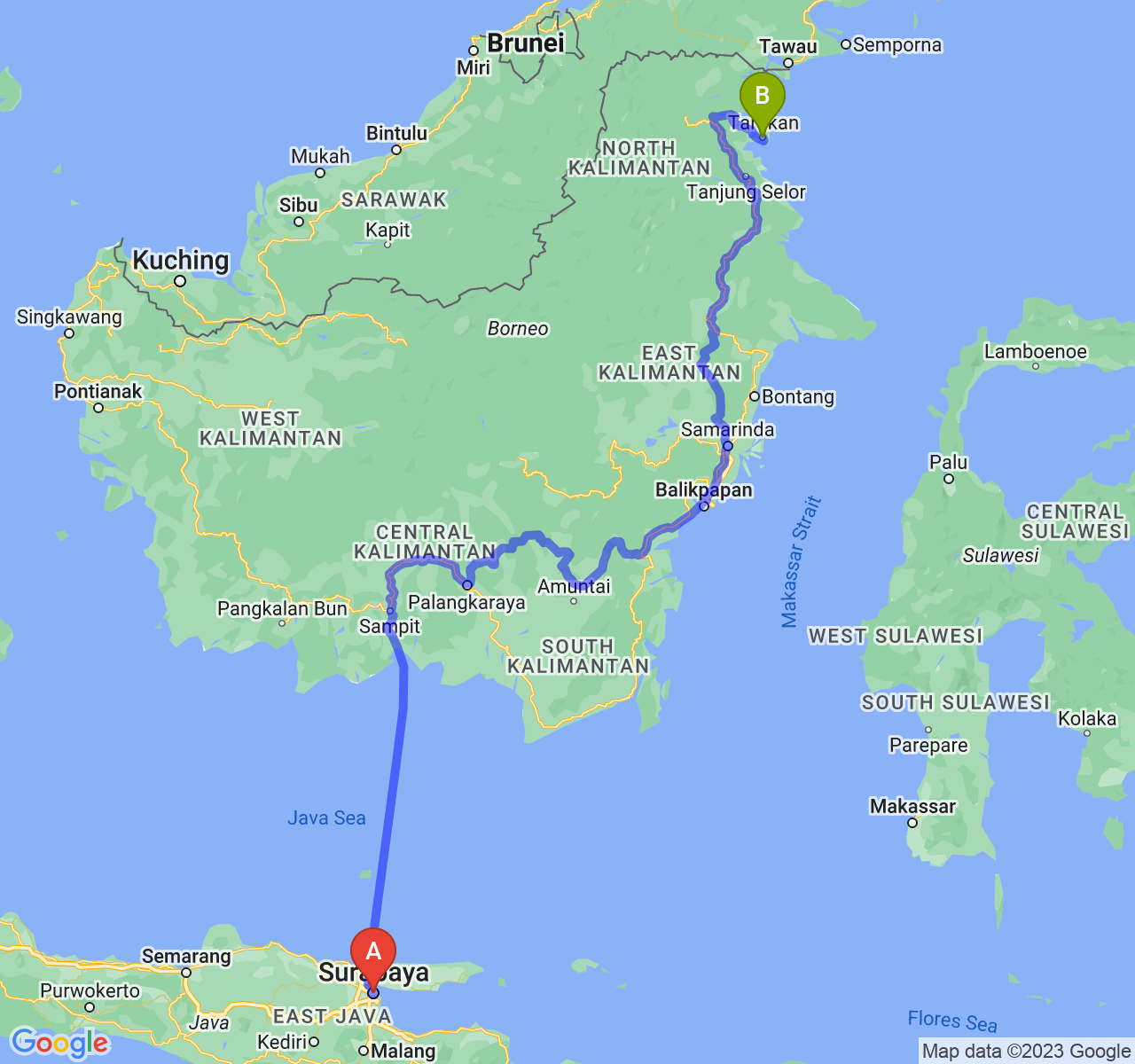 perjalanan dengan rute Kota Surabaya-Kota Tarakan