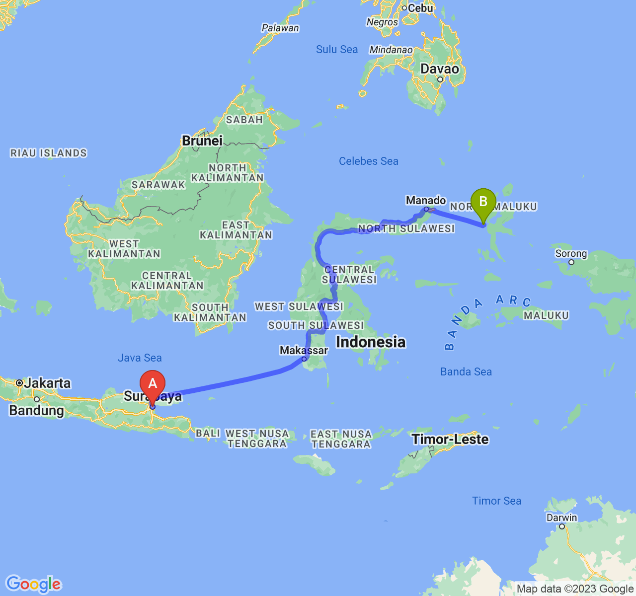 perjalanan dengan rute Kota Surabaya-Kota Ternate