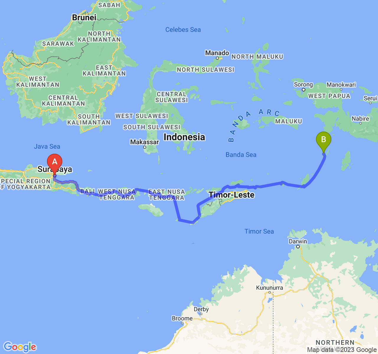 perjalanan dengan rute Kota Surabaya-Kota Tual