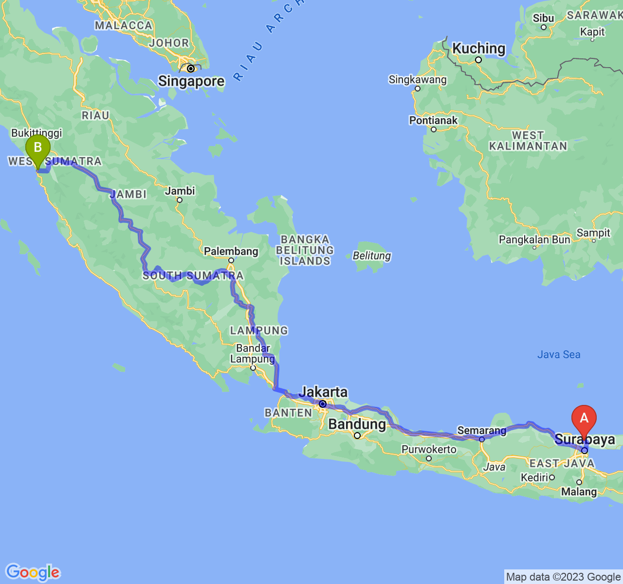 rute perjalanan Kab. Bangkalan-Kota Padang