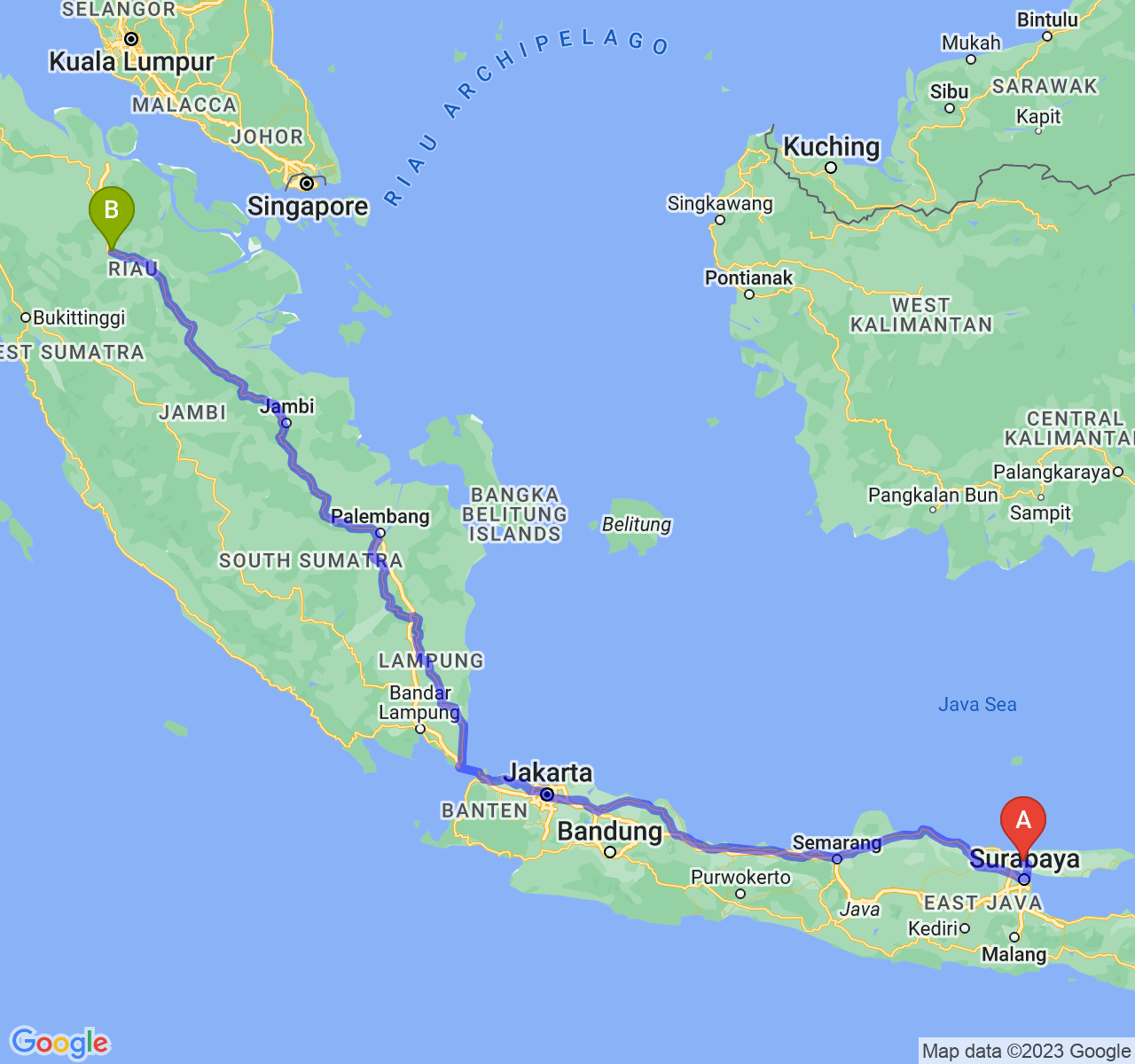 rute perjalanan Kab. Bangkalan-Kota Pekanbaru