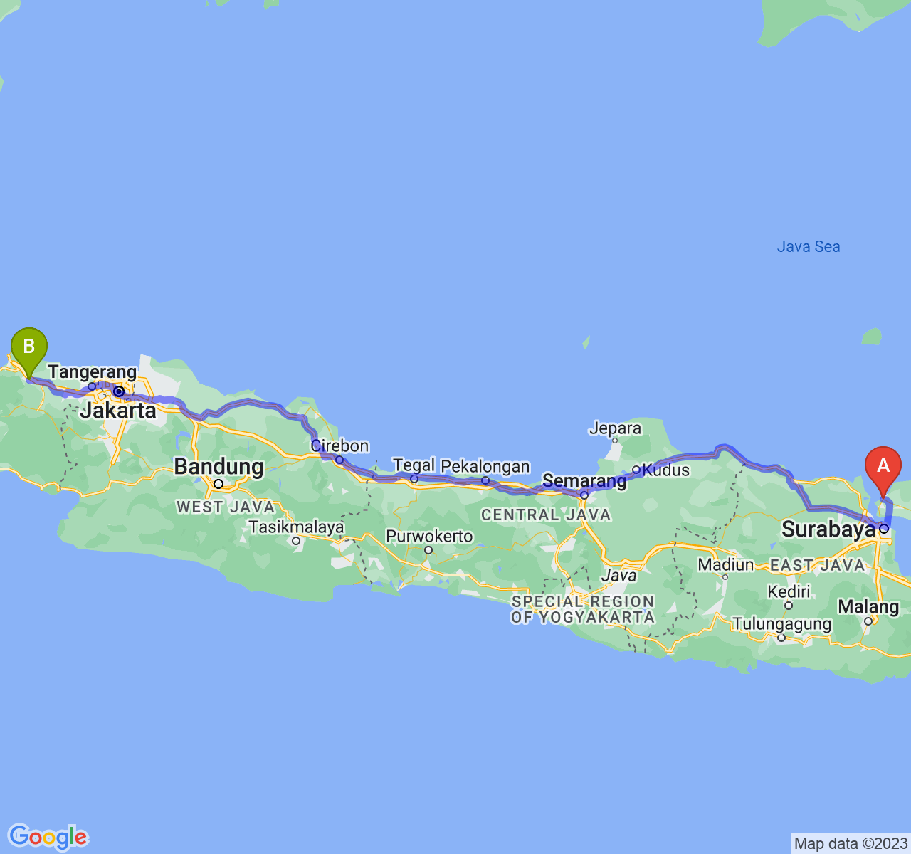 rute perjalanan Kab. Bangkalan-Kota Serang