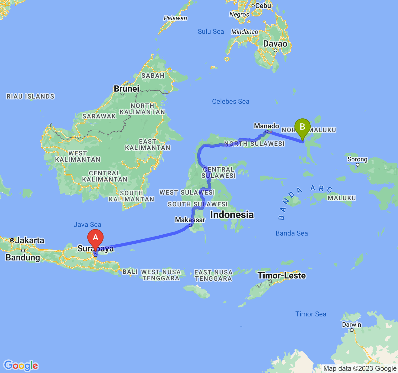 rute perjalanan Kab. Bangkalan-Kota Ternate